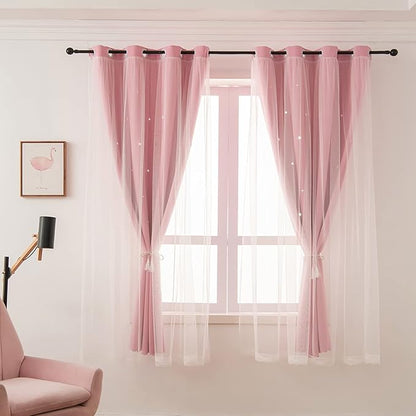Pink Curtains for Girls Bedroom Kids Baby Room Decor Cute Double Layer Star - Image 2