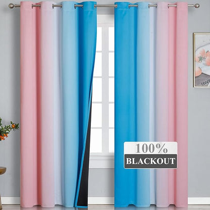 Pink and Blue Blackout Curtains 84 Inches Long, Ombre and Wave Line Pattern - Image 2