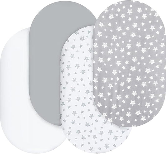 Bassinet Sheets Set 4 Pack for Baby Boy or Girl, Universal Fit for Oval by Moonsea