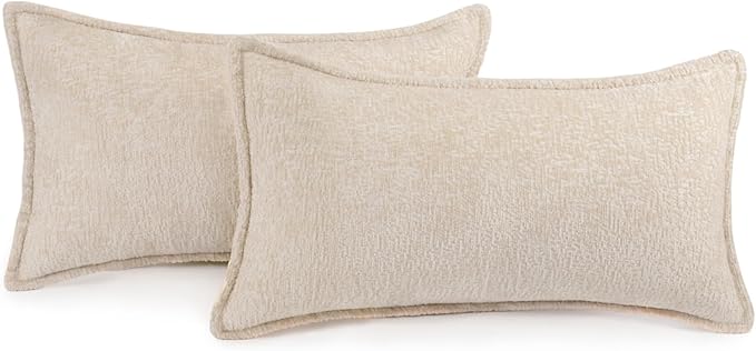 Pack of 2 Beige Decorative Throw Pillow Covers 12x20 Cozy Soft Chenille Boho - Image 5