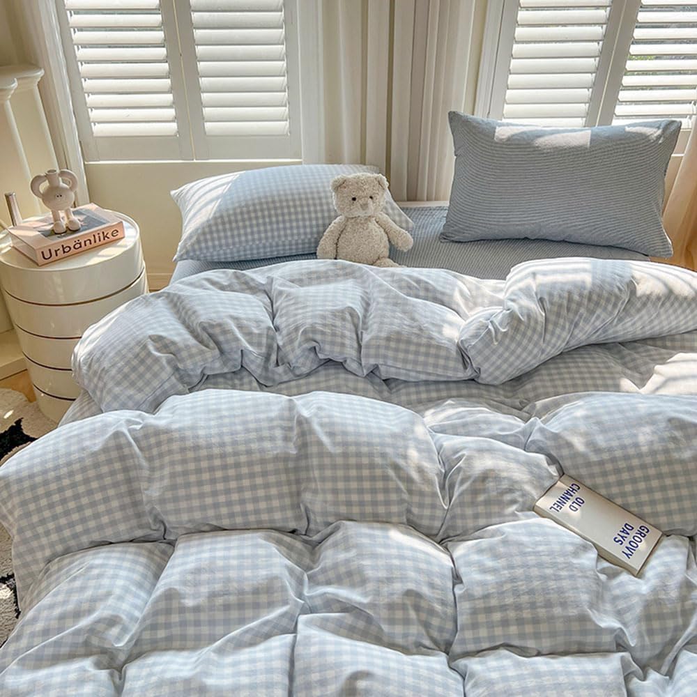 nayoroom gingham duvet cover set queen blue white, close-up detail