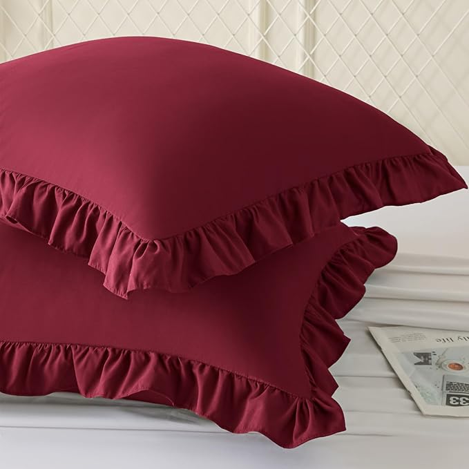 KKJIAF Ruffle Pillow Cases 24x24 Inches, Burgundy Square Ruffled Pillow Covers - Image 2
