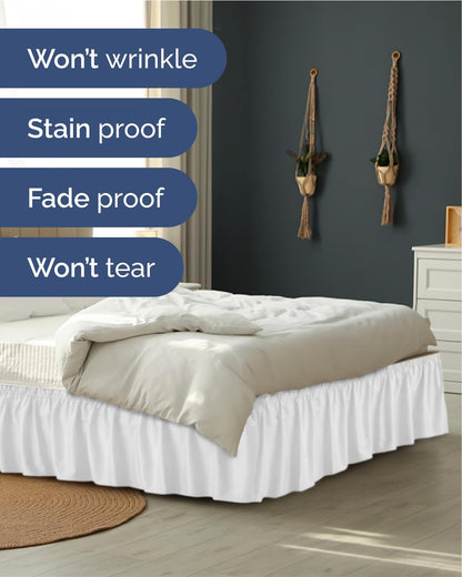 Wrap Around Dust Ruffle Bed Skirt - White - for Queen Size Beds with 15 Inch Drop - Easy Fit Elastic Strap - Adjustable Pleated Bedskirt w/Brushed Fabric - Wrinkle Free - for Women, Men, Kids & Teens