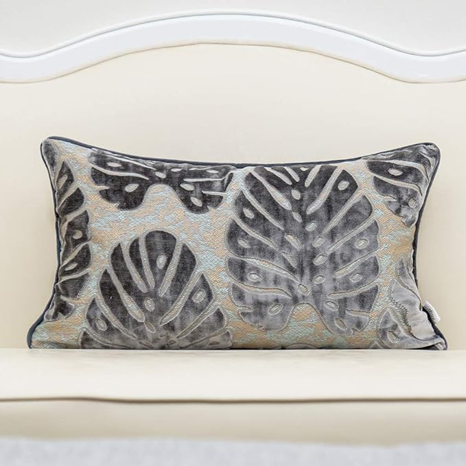 Alerfa 12 x 20 Inch Rectangle Leaf Pillow Embroidery Cut Velvet Cushion Case by Alerfa