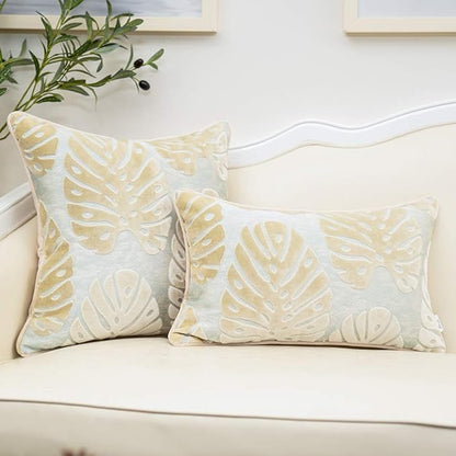 Alerfa 12 x 20 Inch Rectangle Leaf Pillow Embroidery Cut Velvet Cushion Case - Image 4