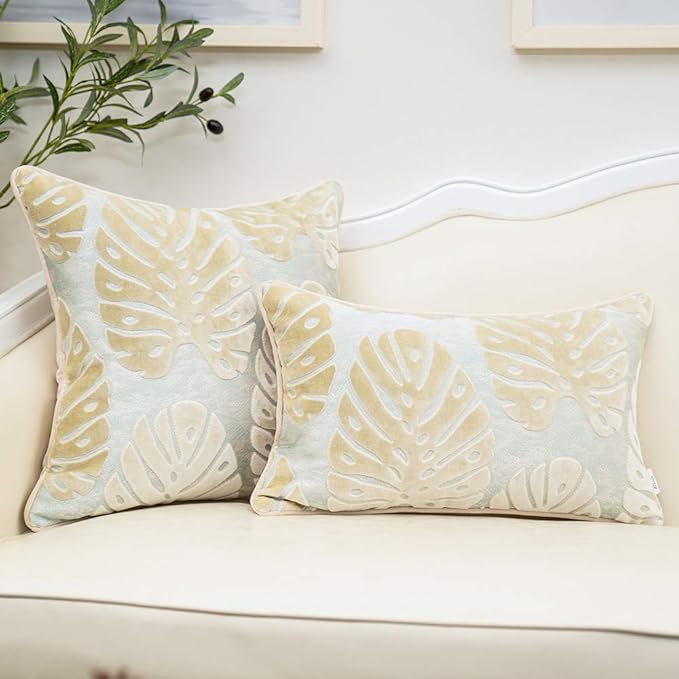 Alerfa 18 x 18 Inch Square Leaf Pillow Embroidery Cut Velvet Cushion Case - Image 4