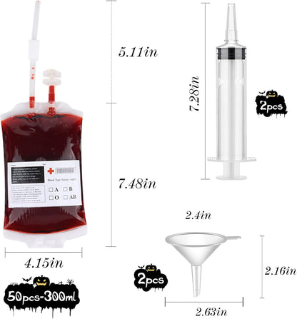 tchrules 54 Pcs Blood Bags for Drinks Halloween Party Decorations, Reusable Blood Bag Drink Pouches with Syringe & Funnel, Food-Grade IV Bags for Drinks, Vampire Nurse Party Favors Decorations