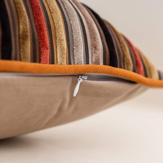 Yangest Orange Striped Throw Pillow Cover Multicolor Velvet Cushion Cover - Image 4