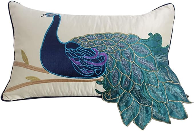vctops Embroidered Peacock Decorative Throw Pillow Case Silky Satin Cushion by vctops