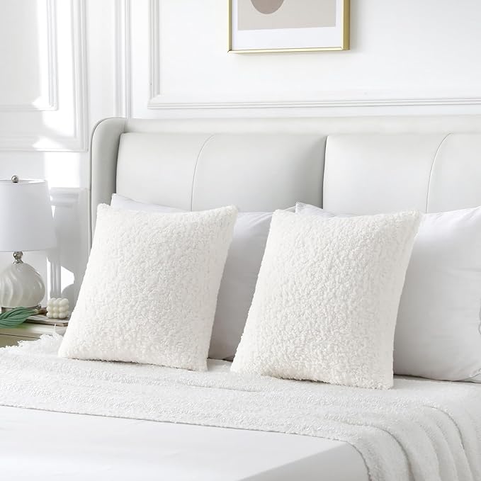 FUTEI Cream White Throw Pillow Covers 26x26 Inch Set of 2, Furry Faux Fur Teddy - Image 6