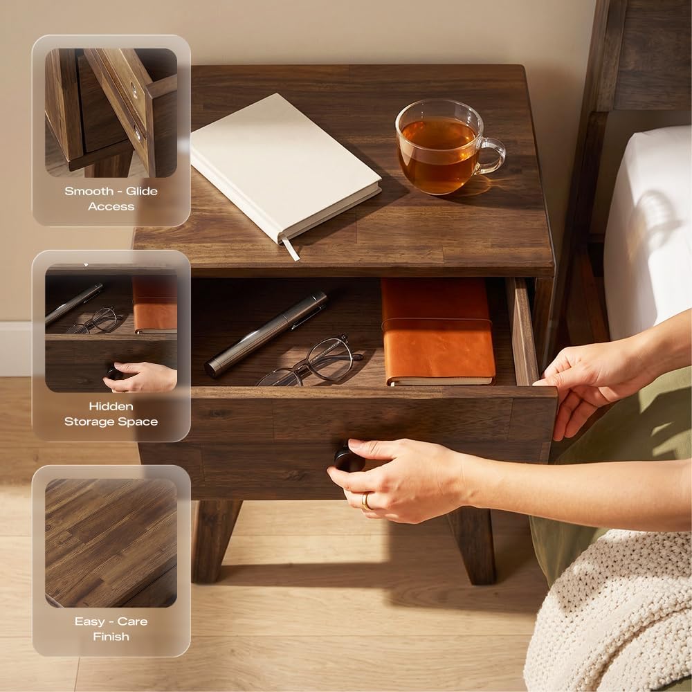Acacia Silvia Nightstand with 2 Drawers, Solid Wood Bedside Table, Table with...