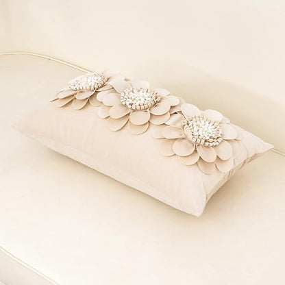 Alerfa 3D Flower Handmade Throw Pillow Cover Decorative Beige Velvet Pillowcase - Image 3