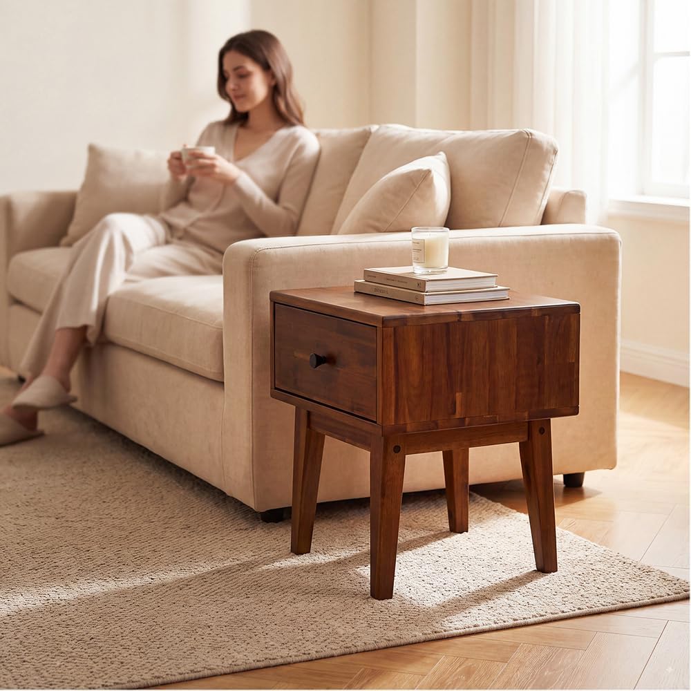 Acacia Sofia Nightstand with Drawer, Bedside Table, Solid Wood Bedside End Ta...