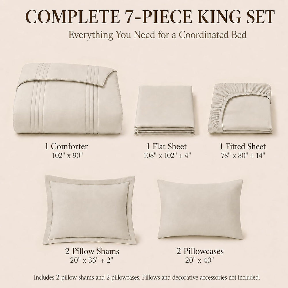 CozyLux King Size Comforter Set Beige - 7 Pieces Bed in a Bag