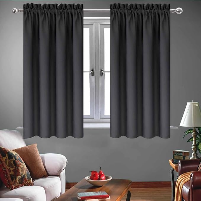 Black Kitchen Curtains for Windows 2 Panels Set 48 Inch Length Blackout Short by HighQualityCurtains