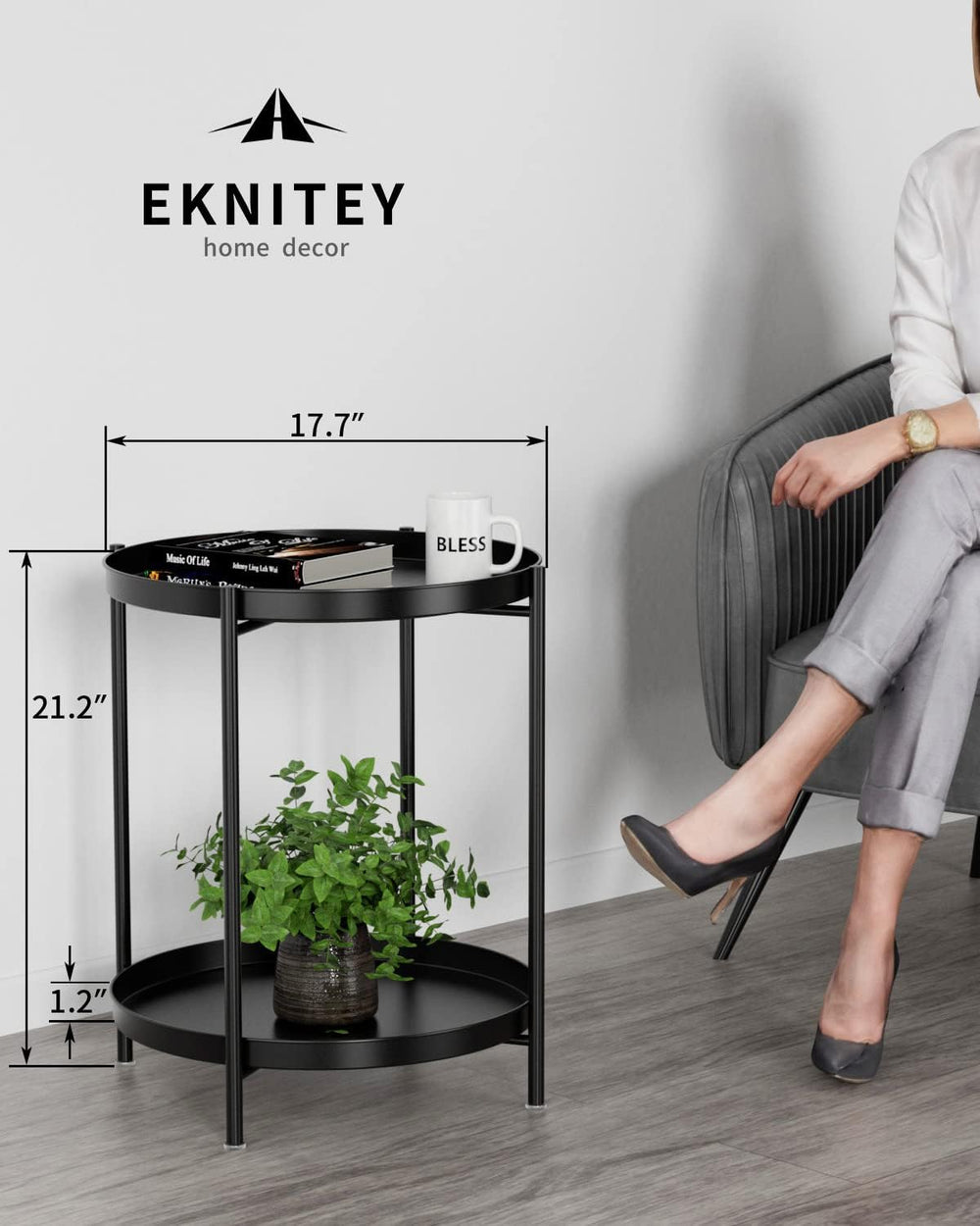 EKNITEY 2 Tier End Table - Metal Side Table with Removable Tray (Black)