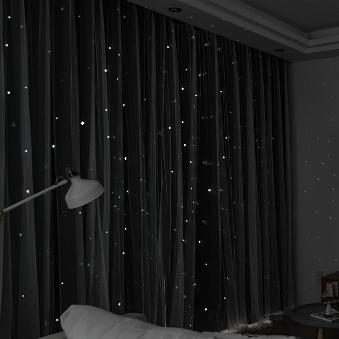 Kinryb Black Star Cutout Blackout Curtains Double Layer Curtains - Image 4