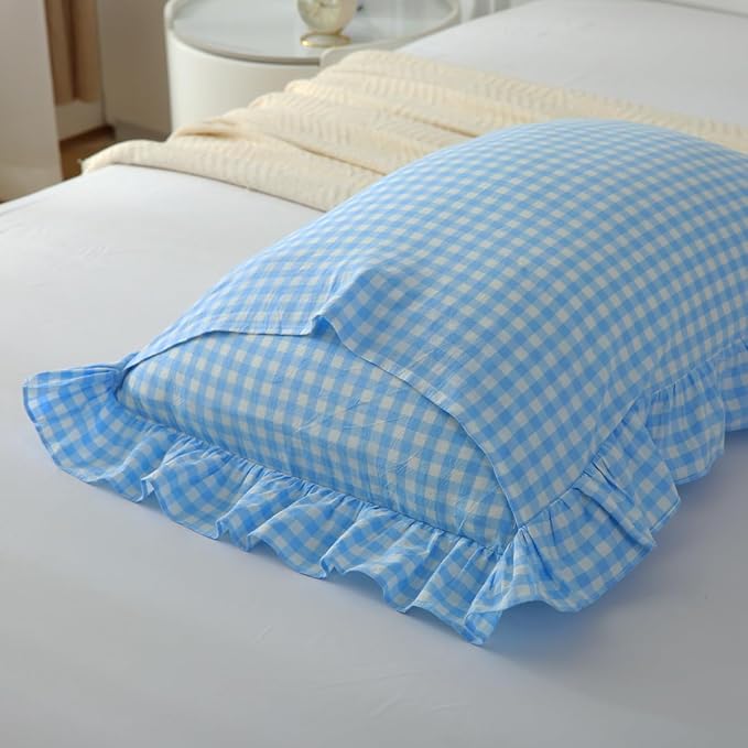 Vintage Sky Blue Plaid Ruffle Pillow Shams Standard Size Set of 2, Washed - Image 3