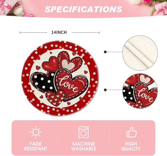 Artoid Mode Dot Hearts Love Red Valentine Round Placemats Set of 4, 14 Inch - Image 6