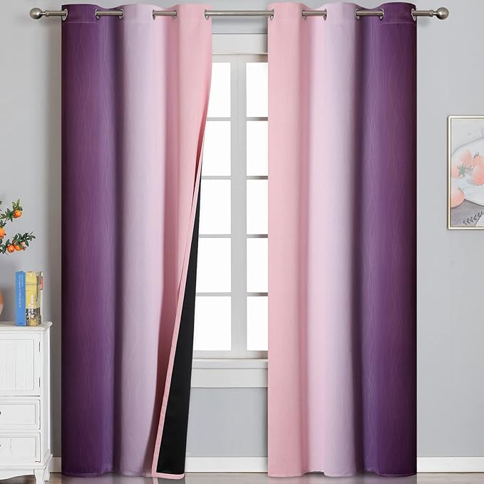 Ombre Pink and Purple Blackout Curtains 84 Inches Long, Full Room Darkening by ESTELARTEXTILER