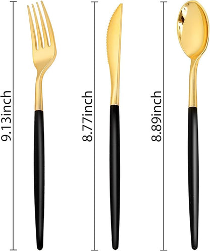 SUT Gold Plastic Silverware (160Pcs) Forks and Spoons Disposable, 80 Gold Plastic Forks, 40 Gold Knives, 40 Gold Spoons, Black and Gold Utensils Set Disposable for Parties, Weddings,New Year,Halloween