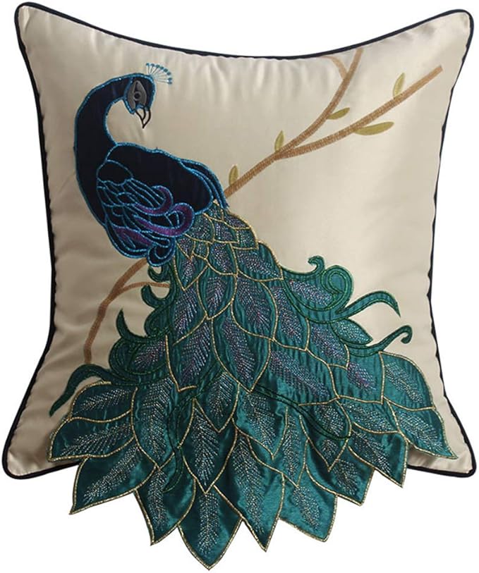 vctops Embroidered Peacock Decorative Throw Pillow Case Silky Satin Cushion by vctops