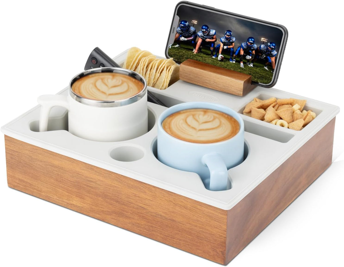 couch cup holder tray, portable silicone acacia wooden, main product view