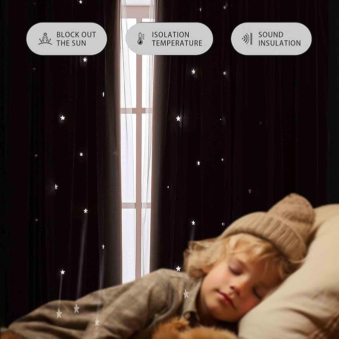 Anytime Romantic Kids Curtain, Hollow-Out Stars Window Curtain Double Layer - Image 4