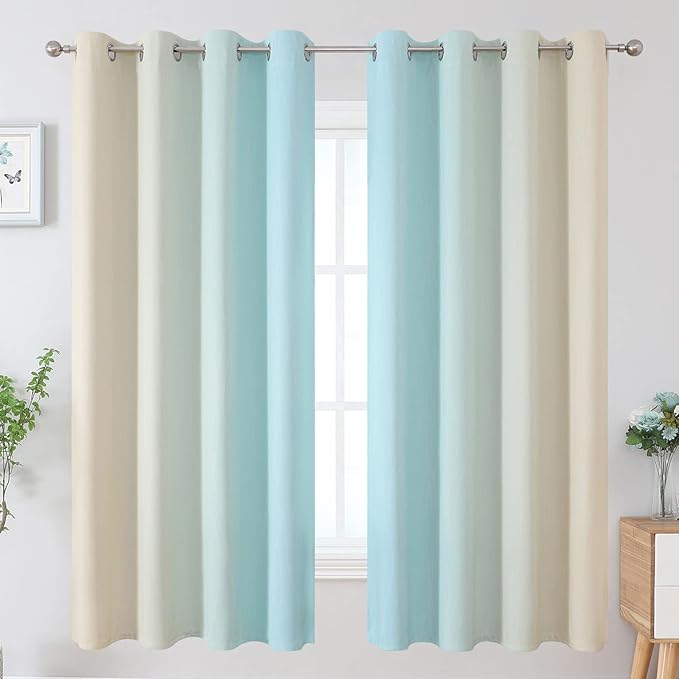 Estelar Textiler Aqua and Beige Gradient Blackout Curtains - Image 2