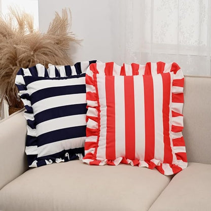 vctops Ruffle Square Throw Pillow Covers Boho Red and White Striped Decorative - Image 4