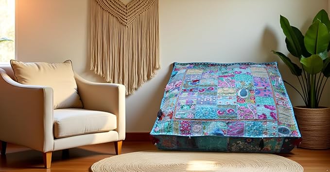 CRAFT KALA Indian Square Patchwork Traditional Pouf Cover Indian Living Room - Image 3