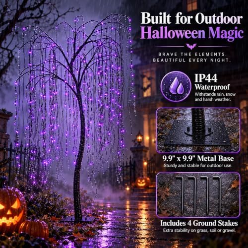 7 FT Halloween Lighted Willow Tree 256 LED Purple Lights Artificial Weeping Willow Tree with 6 Spiders Outdoor Indoor Decoration Christmas Festival Decor