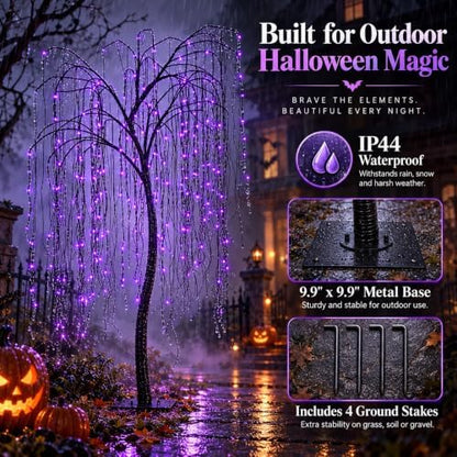 7 FT Halloween Lighted Willow Tree 256 LED Purple Lights Artificial Weeping Willow Tree with 6 Spiders Outdoor Indoor Decoration Christmas Festival Decor