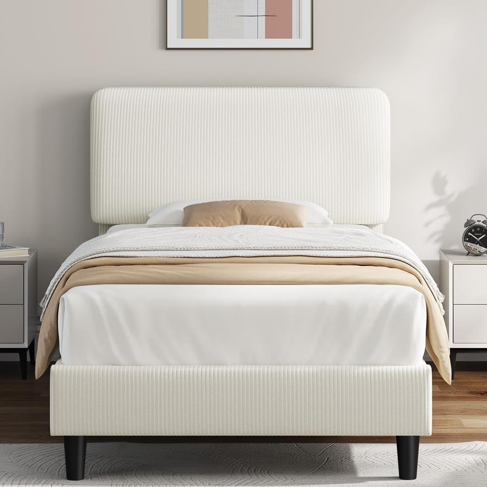 Yaheetech Twin Bed Frame, Adjustable Chenille Upholstered Headboard, Beige