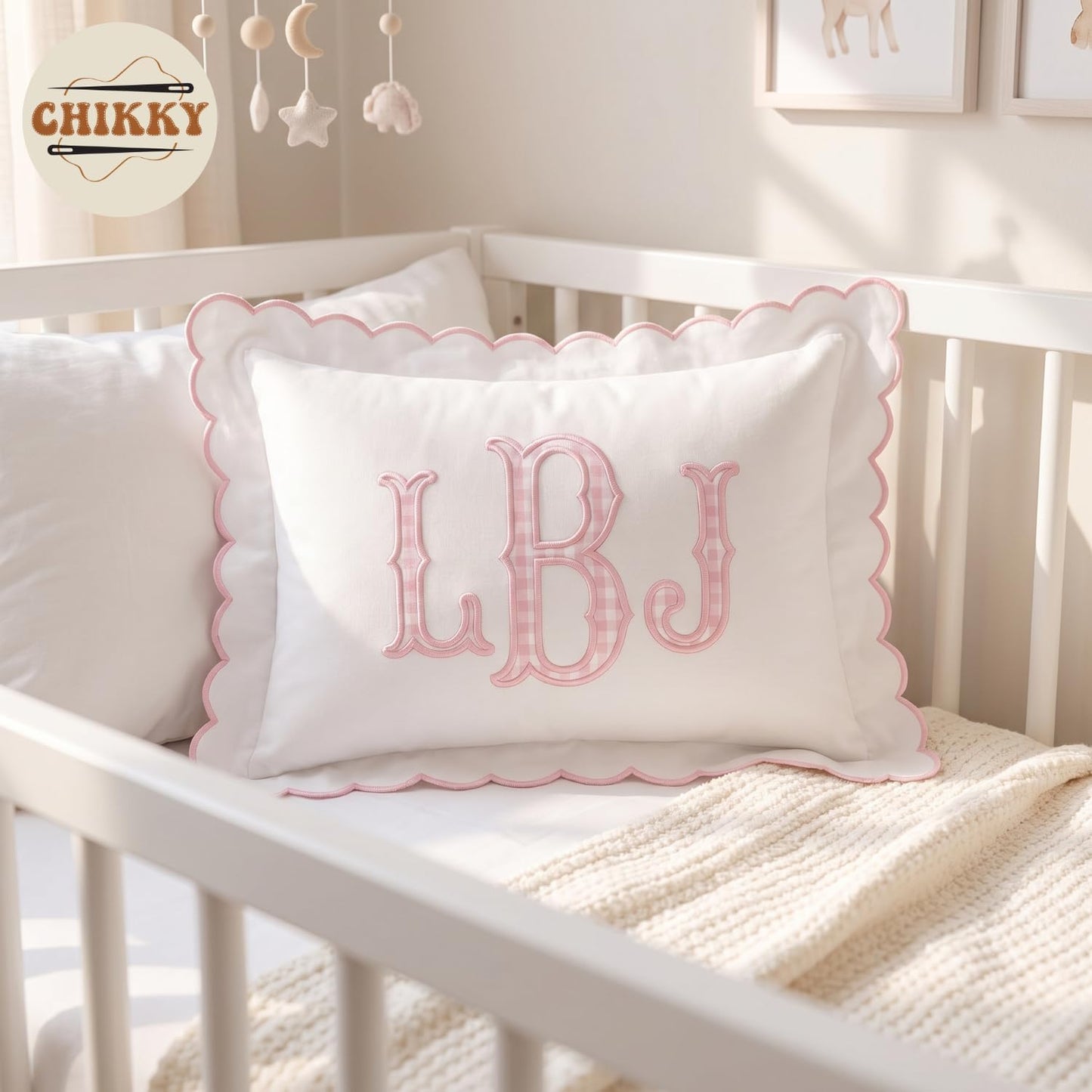 Personalized Baby Pillowcase - Custom Monogrammed Toddler Pillow Cover with Scalloped Edge for Nursery Decor, 05