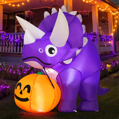 GOOSH 5 FT Width Halloween Inflatables Dinosaur Outdoor Decorations Blow Up Yard Dinosaur with Pumpkin with Built-in LEDs for Garden Lawn Indoor Party Decor