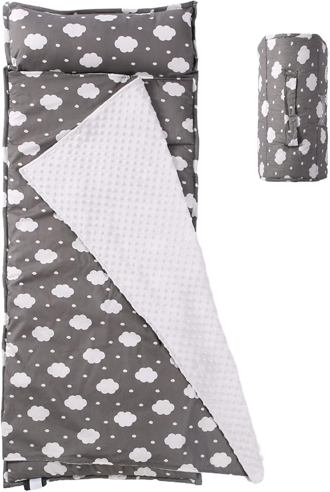 Toddler Nap Mat with Pillow and Minky Blanket, Soft Rolled Napping Mats by NapCure