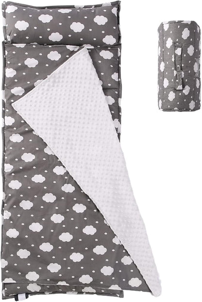 Toddler Nap Mat with Pillow and Minky Blanket, Soft Rolled Napping Mats by NapCure