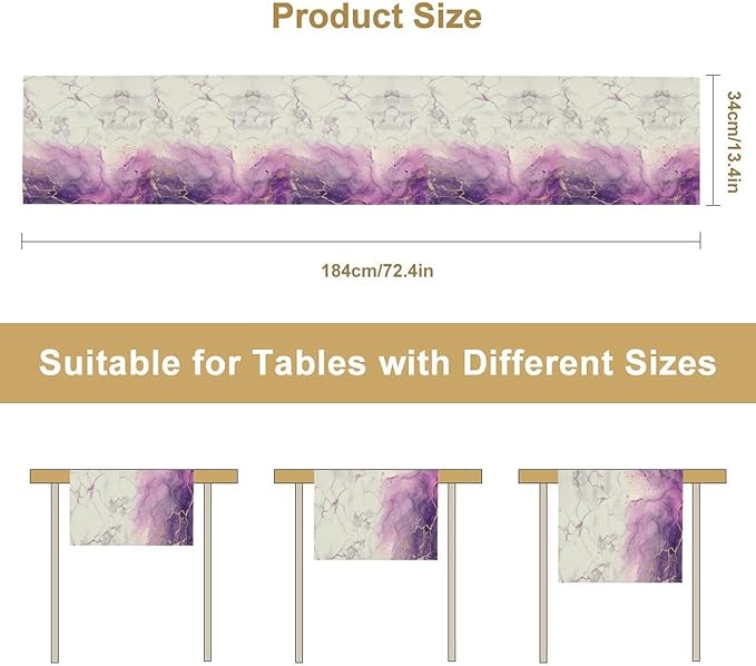 Abstract Marble Dining Table Runner, Modern Purple Golden Watercolor Table - Image 2