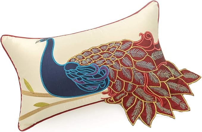 vctops Embroidered Peacock Decorative Throw Pillow Case Silky Satin Cushion - Image 3