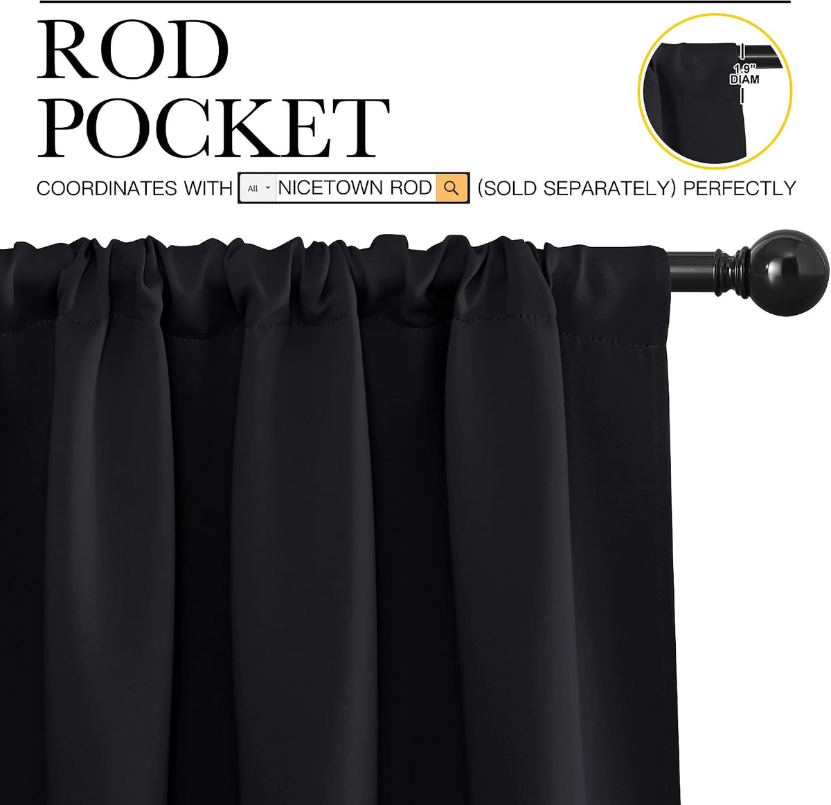 nicetown black blackout curtains for bedroom 70" wide, close-up detail
