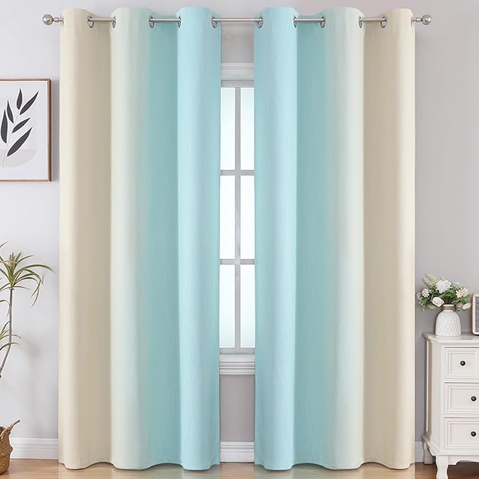 Estelar Textiler Aqua and Beige Room Darkening Blackout Curtains 84 Inch Length - Image 2