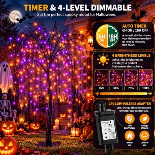 LIGHTSHARE 7 Feet Halloween Willow Tree, 256 LED Lights for Home, Festival, Nativity,Party, and Christmas Decoration,Includes Spiders and White Cobweb,Indoor Outdoor Use,Orange & Purple