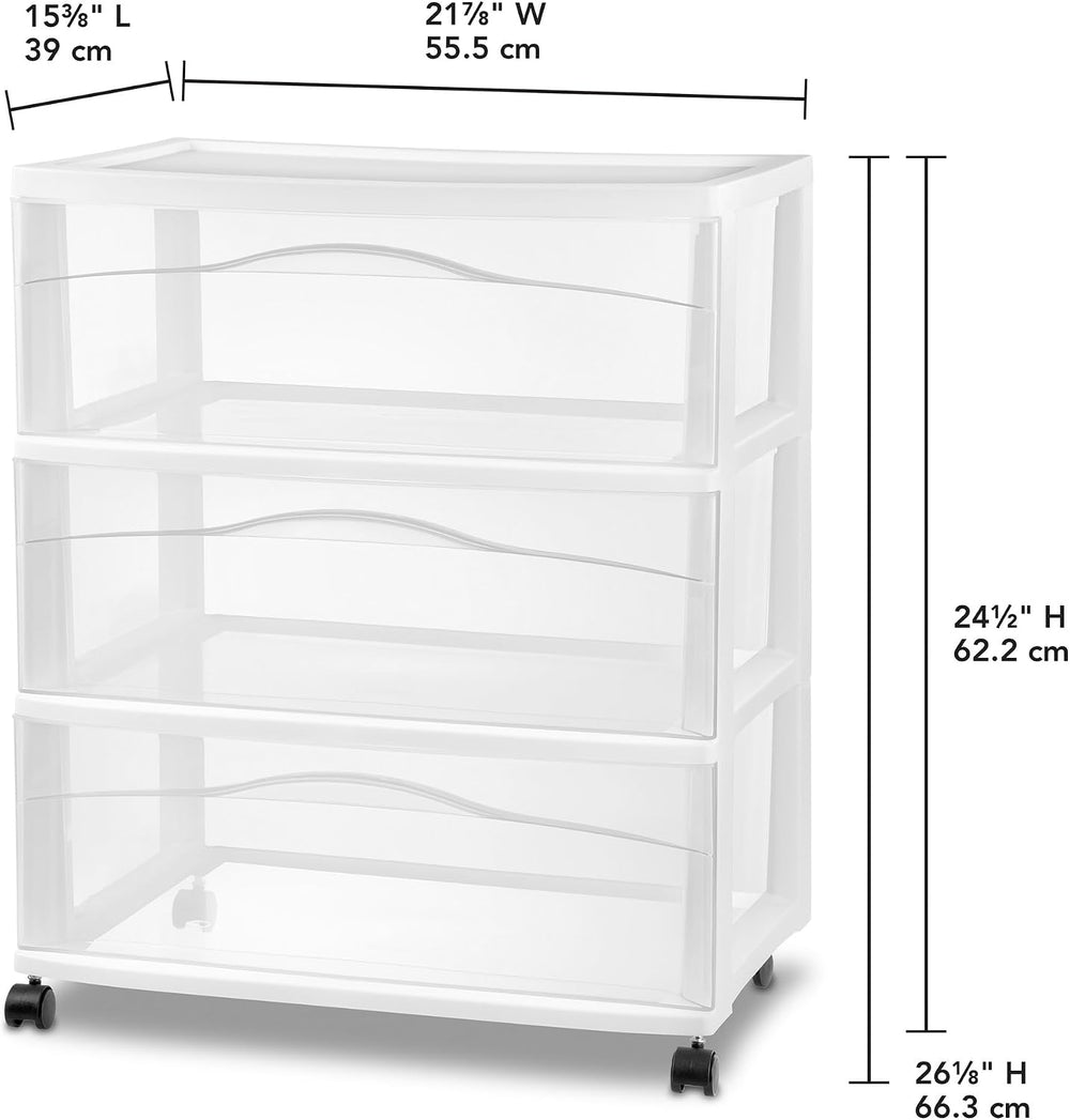 Sterilite Wide 3 Drawer Storage Cart Plastic Rolling Organizer, White Frame