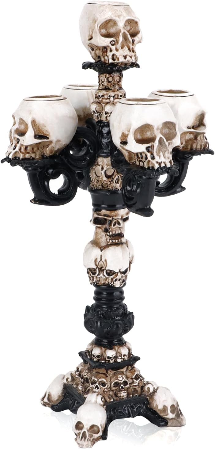 Skull Candle Holder for Halloween Decoration, Resin Gothic Skeleton Head Candlestick for Pillar Candle, Retro Spooky Desktop Tealight Cup for Christmas Home Office Party