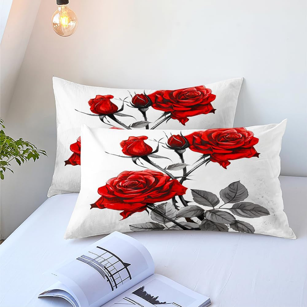 CCoutueChen Floral Comforter Set Red Rose Green Botanical Bedding King
