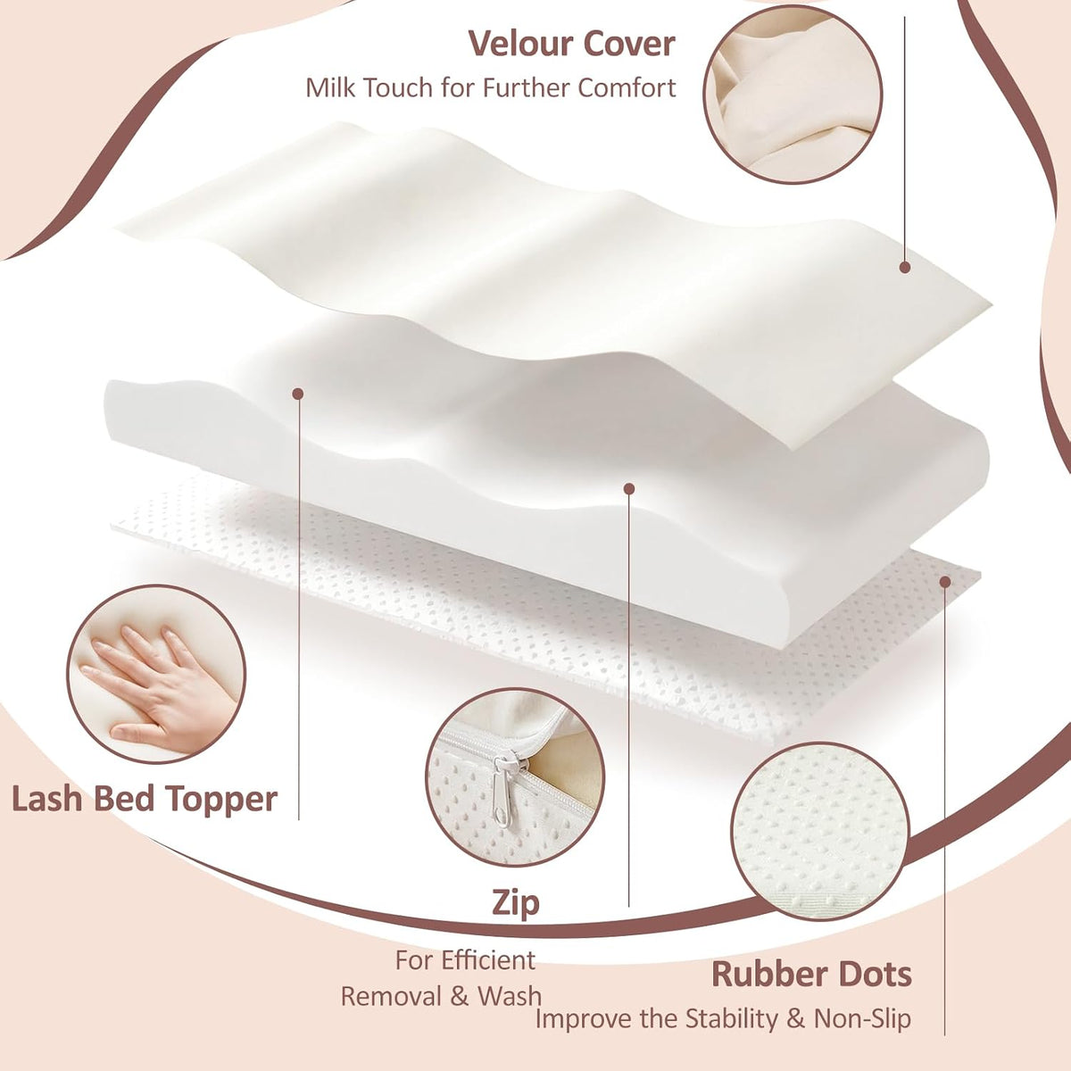 3-in-1 ergonomic lash bed topper designed neck & showing dimensions