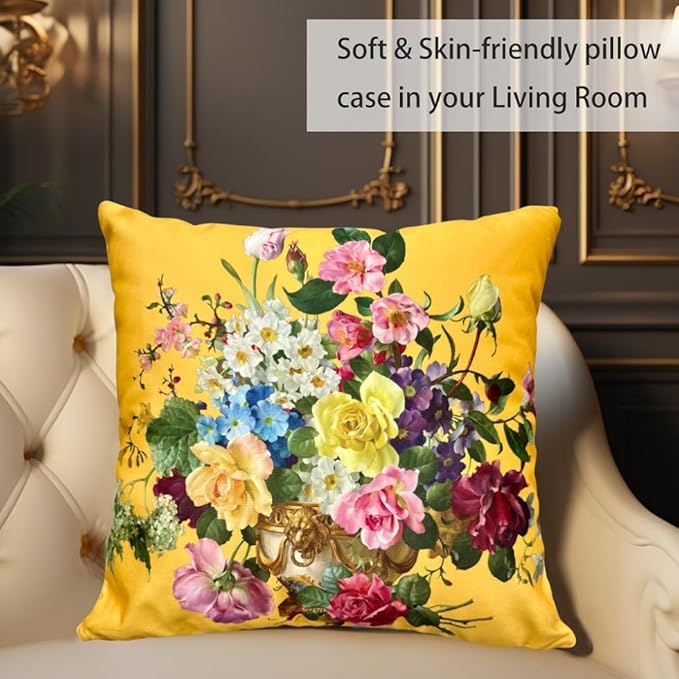 Yellow Floral Pillow Covers 18x18, Vintage Flower Plush Throw Pillow Case - Image 4