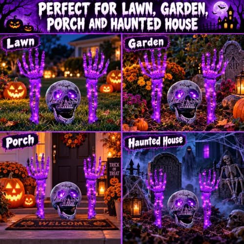 Halloween Skeleton Decorations Outdoor, Light Up Skull Head & Skeleton Hands Lights Stake with Purple LED, Battery Operated Halloween Yard Decor for Lawn, Garden, Graveyard, Haunted House & Party