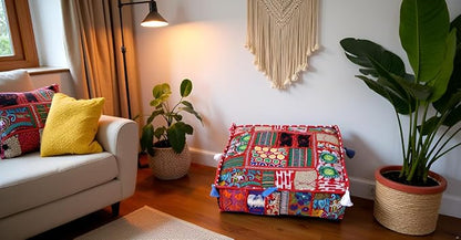 CRAFT KALA Indian Square Patchwork Traditional Pouf Cover Indian Living Room - Image 3